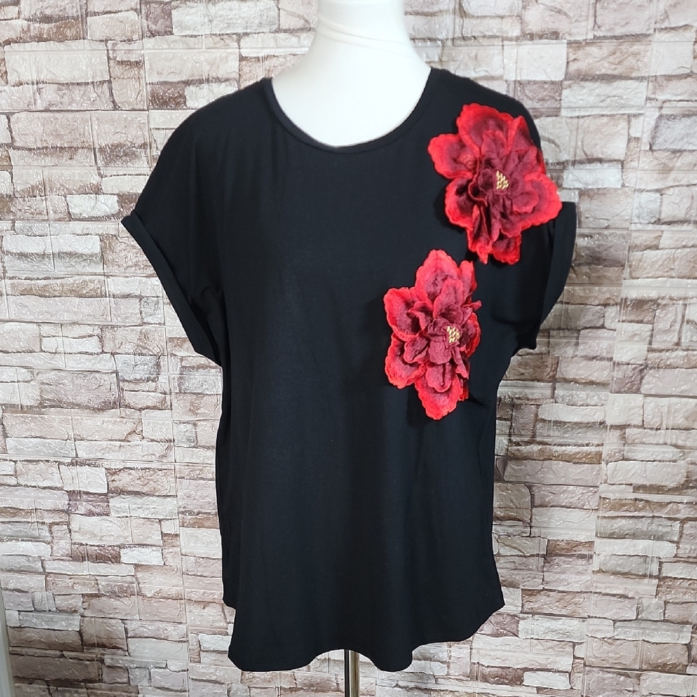 Mesh + Love Brand New Black Blouse  with Red Floral Accents